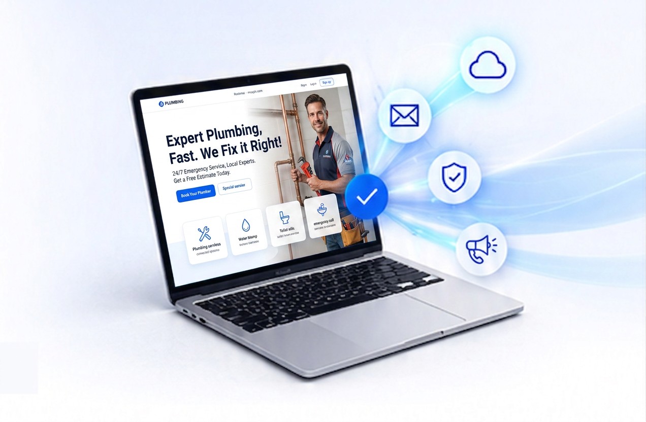 AI-generated business website connected to hosting, email, security and domain services